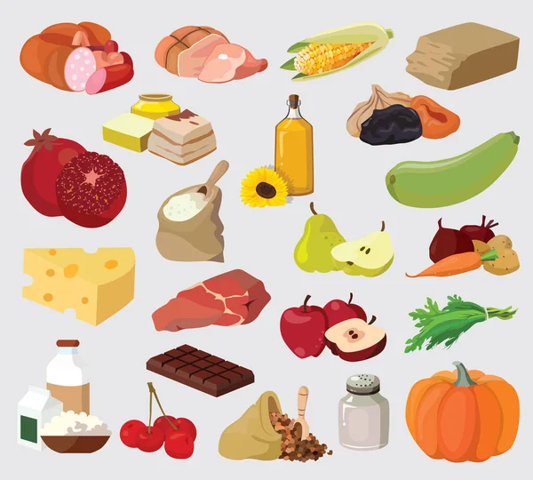 Mat Frukt Grönsaker Fett Kött Spannmål Mejeriprodukter För Din Bekvämlighet — Stock vektor
