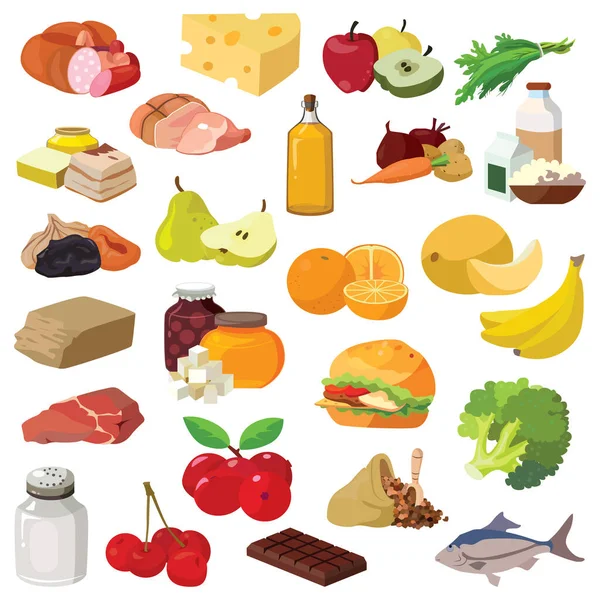 Mat Frukt Grönsaker Fett Kött Spannmål Mejeriprodukter För Din Bekvämlighet — Stock vektor