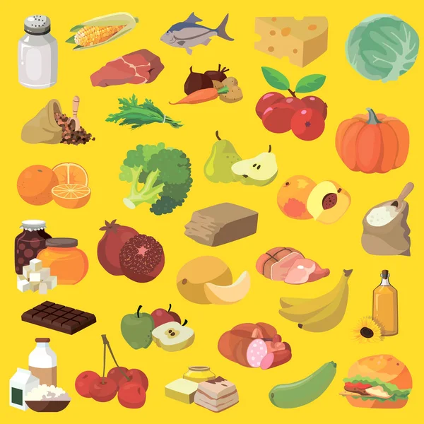 一组带有产品图像的图标 有一些带有肉类产品 熏制产品和动物脂肪的图标 以甘露和荞麦谷粒为形式的食品杂货 各种水果和蔬菜 奶制品 糖果和糖果 — 图库矢量图片