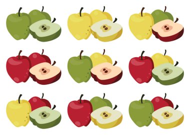 Çok renkli elmalar seti. Kolaylık olsun diye, her önemli element ayrı bir katmanda. Eps 10