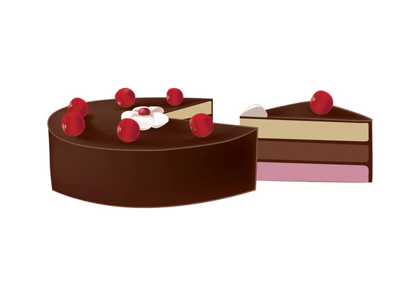 Delicioso pastel de chocolate con cerezas — Vector de stock