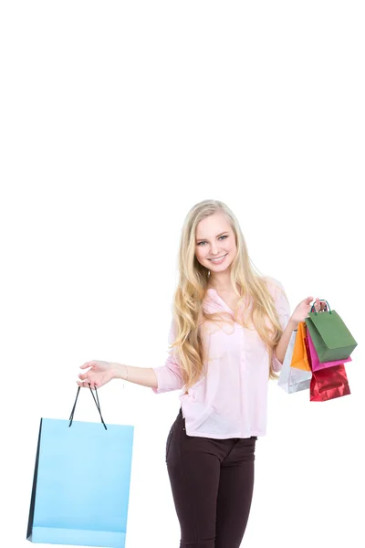 Mulher feliz com sacos de compras. — Fotografia de Stock