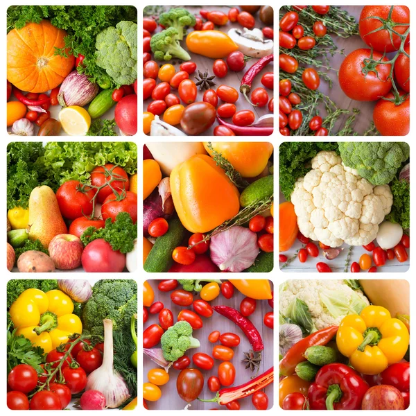 Collage. Fruits and vegetables backgrounds. — Stock Photo, Image