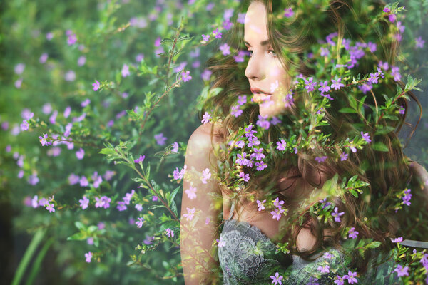 Double Exposure. Beautiful woman and flowers. Portrait of beautiful delicate woman.