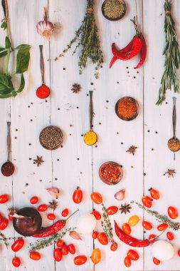 Gıda arka plan. Baharat düz yatıyordu. 