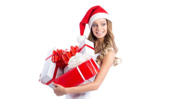 Joyful Beautiful Woman Santa Hat Gifts Hands Isolated White Background Royalty Free Stock Images