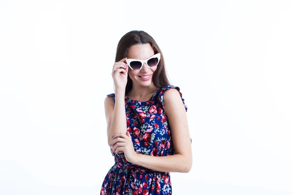 Portrait Cute Summer Brunette Woman Sunglasses Colorful Dress Isolated White — Stock Photo, Image