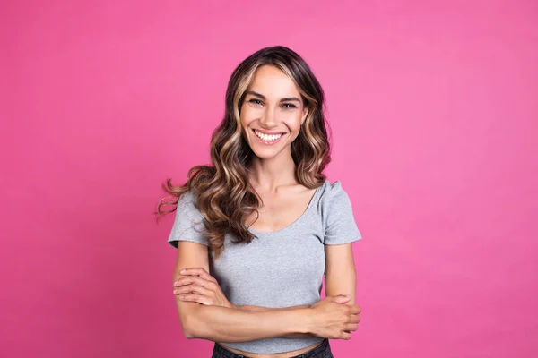 Cute Cheerful Brunette Woman Pink Studio Wall Happiness Lifestyle Concept — Stock Photo, Image