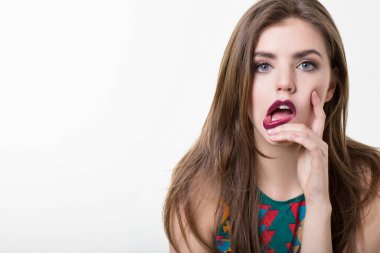 Fashionable studio woman portrait. Beautiful woman with glamour makeup isolated.
