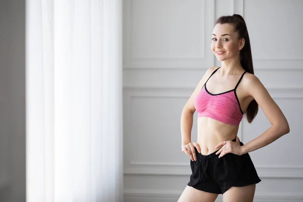 Beautiful Girl Doing Exercises Morning Window Posing — Stock Photo, Image