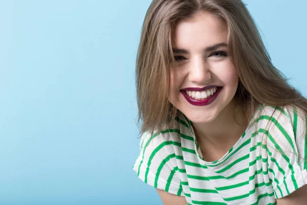 Sincerely Laughing Girl Close Blue Background Studio Woman Portrait — Stock Photo, Image