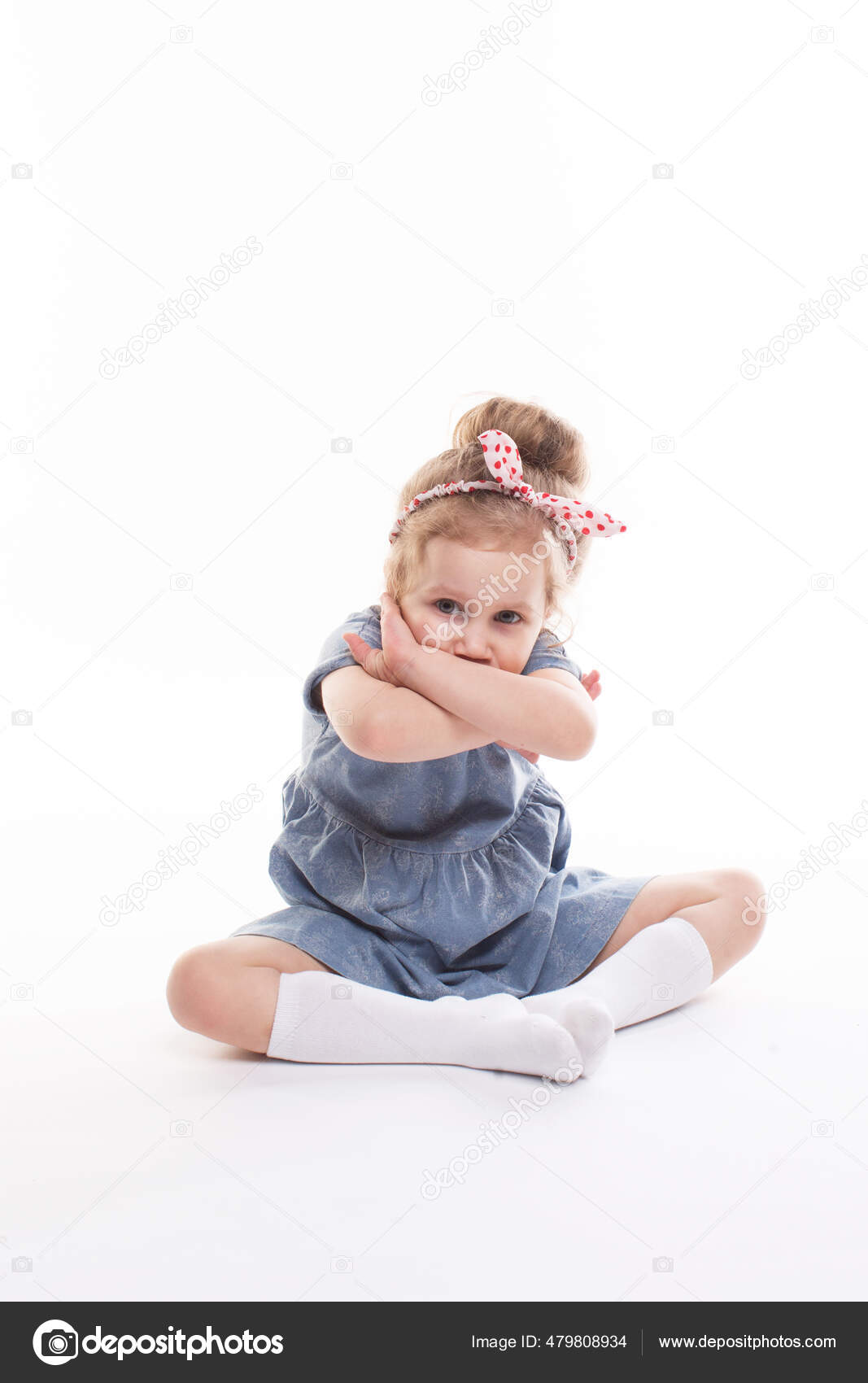 Childhood Emotions Concept Little Cute Girl Blue Dress Posing Studio ...