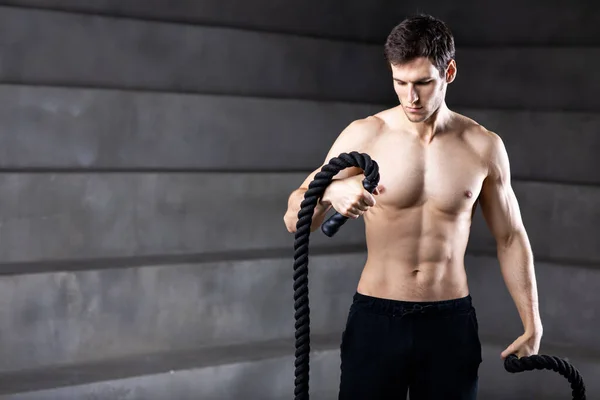 Strong Handsome Man Rope Workout — 스톡 사진