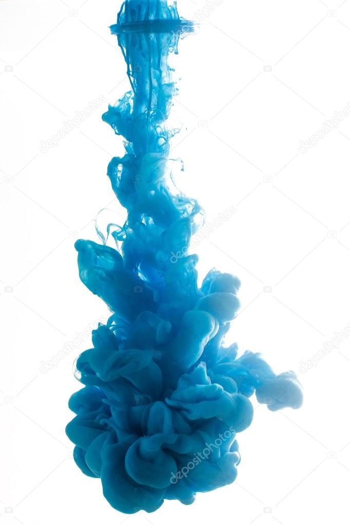 Ink swirling in water, cloud of ink in water isolated on white. Abstract banner paints.