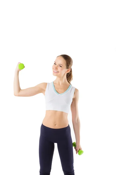 Young girl with dumbbells on a white background — Stock Photo, Image