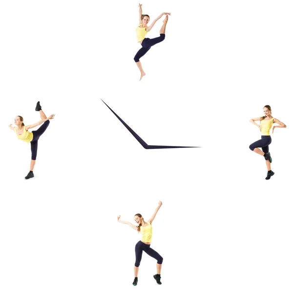 Concepto de fitness con la mujer deportiva sobre un fondo blanco en el reloj. Tiempo de ejercicio . — Foto de Stock