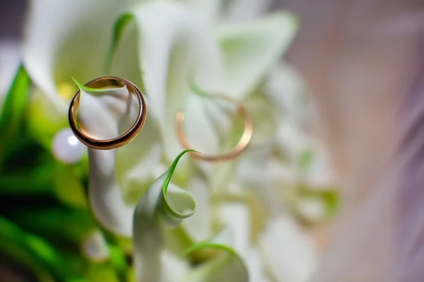 Свадебный букет и кольца — стоковое фото