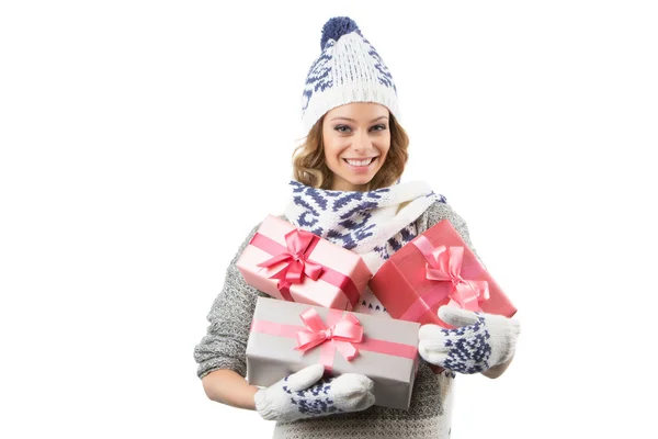 Portrait of beautiful happy girl in sweater hat and mittens with — Stock Photo, Image