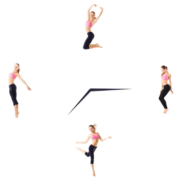 Fitness concept with the sporty woman on a white background on the clock. Exercise time. — Stock Photo, Image