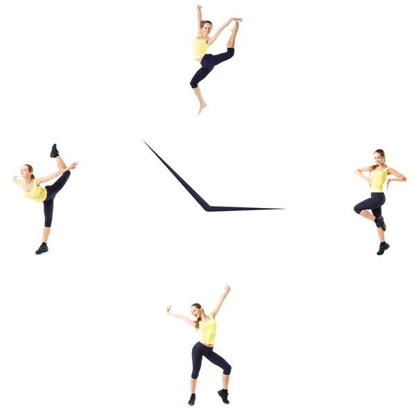 Fitness koncept med sportiga kvinnan på en vit bakgrund på klockan. Träningstid. — Stockfoto