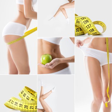 Stüdyo portre sevimli genç fitness kız yoga egzersizleri yapıyor. Kolaj