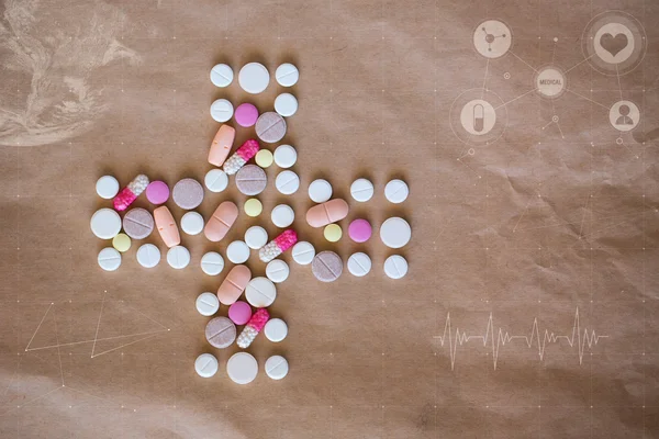 Piller. Hälsa som är arg av färgade piller och medicinsk ikoner, diagram, diagram. — Stockfoto