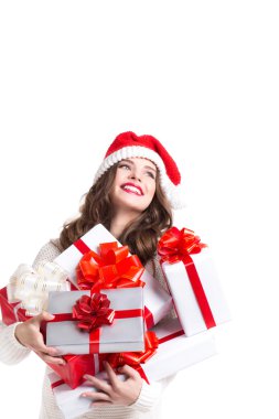 Noel hediyesi. Neşeli kadın Noel Baba ve hediyeler.