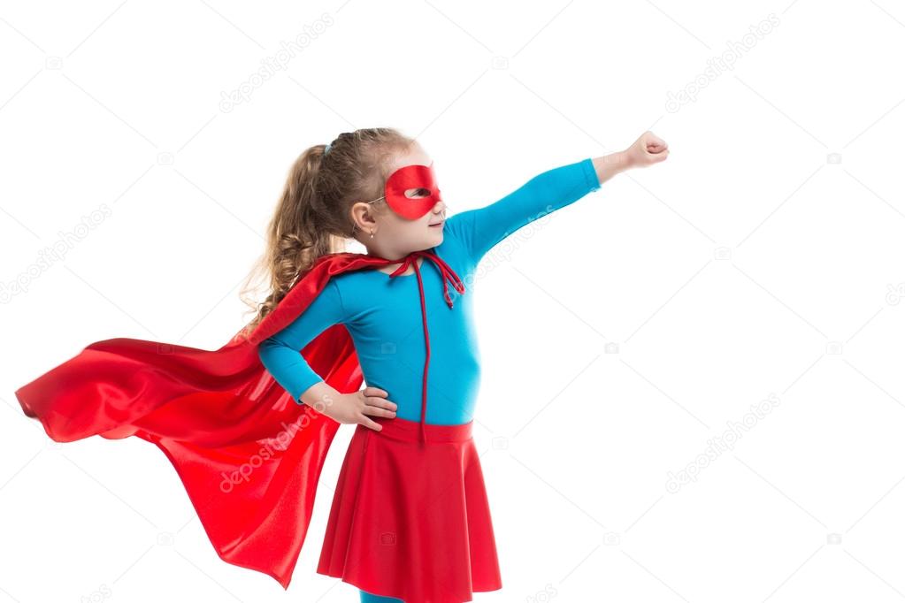 Superhero child (girl), isolated.
