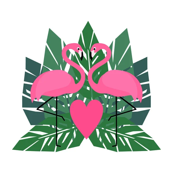 Flamingi i ilustracja liść palmowy — Wektor stockowy