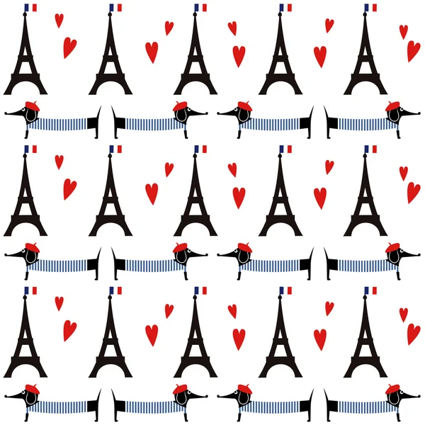 Chiens avec tour Eiffel motif sans couture . — Image vectorielle