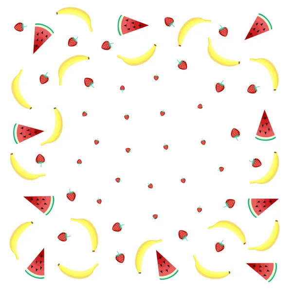 Fruits background with yellow bananas, watermelon and juicy strawberries — Stock Vector