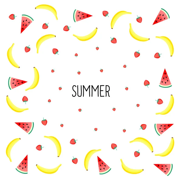 Tarjeta de verano. Diseño de frutas con plátanos amarillos, sandía y fresas — Vector de stock