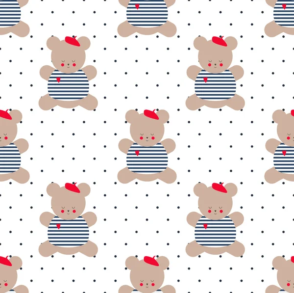 Teddy bear seamless pattern on polka dot background. — Stock Vector