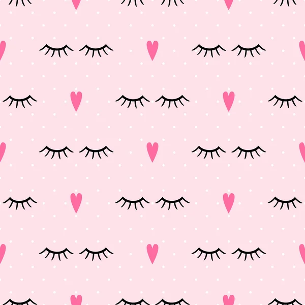 Abstract pattern with closed eyes and pink hearts. — Stock Vector