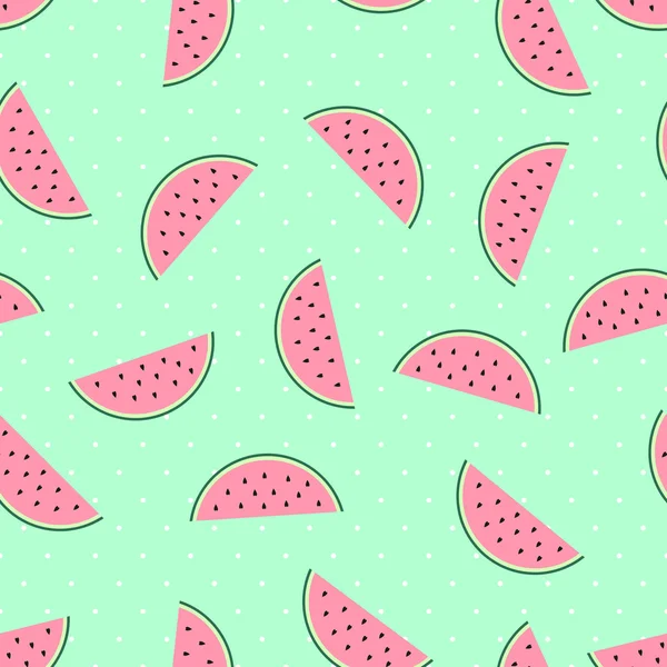 Watermelon slices seamless pattern on mint green polka dots background. — Stock Vector