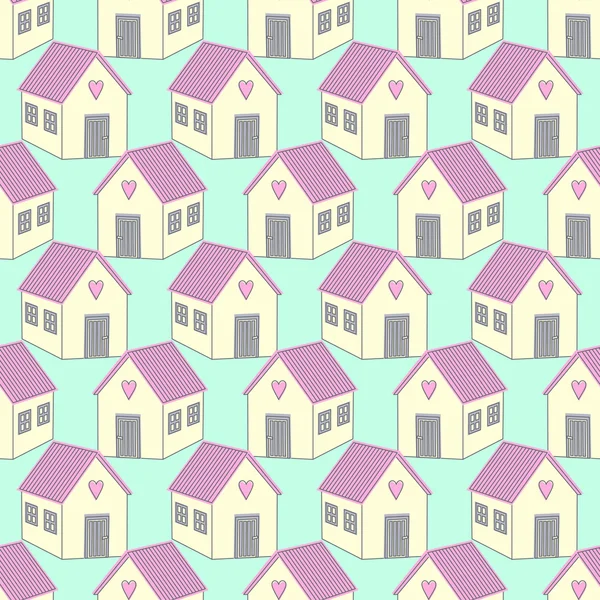 ピンク屋根のシームレスなパターンが付いているかわいい家. — ストックベクタ