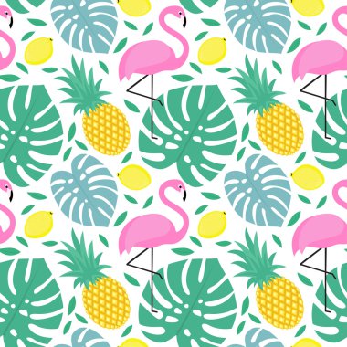 Flamingo, ananas, limon ve yeşil palmiye ile Seamless Modeli