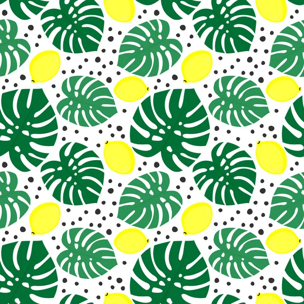 Fondo decorativo sin costuras con limones amarillos y hojas de palma verde . — Vector de stock