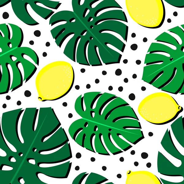 Tropisches Blättermuster mit Zitronen und Punkten. — Stockvektor