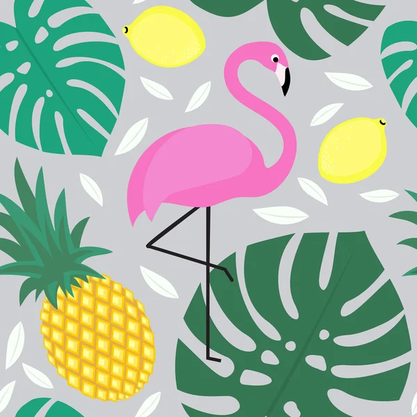 热带龟背竹叶子图案的珍奇的鸟和水果. — 图库矢量图片