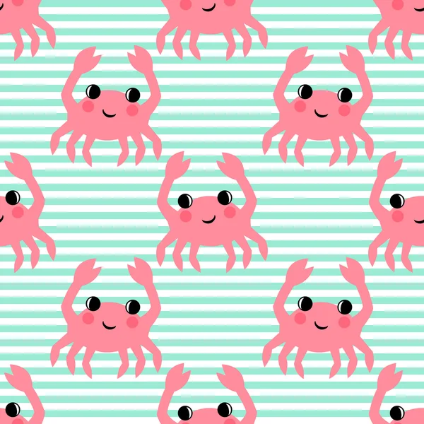Dessin animé drôle crabe motif sans couture sur fond rayé . — Image vectorielle