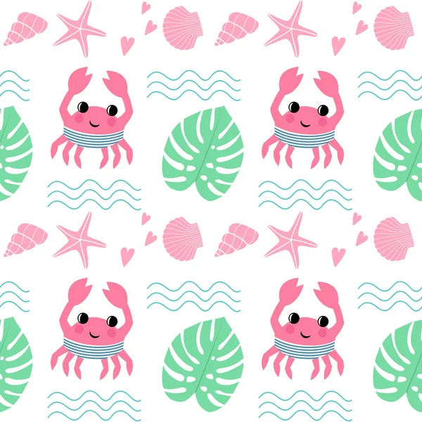 Crabe avec coquille, feuille de palmier, vague et étoile de mer motif sans couture . — Image vectorielle