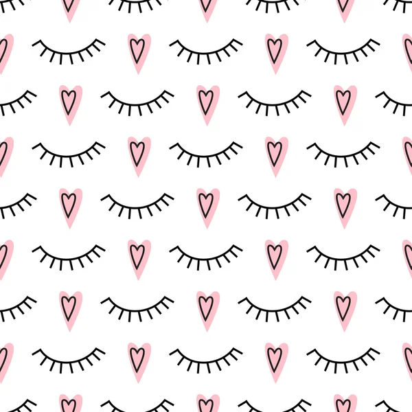 Abstract pattern with closed eyes and pink hearts. — Stock Vector