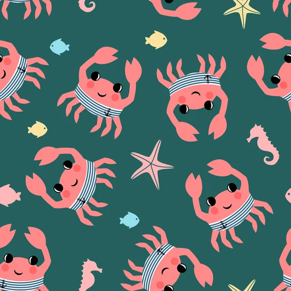 Caricature crabe motif sans couture avec poisson, hippocampe et étoile de mer . — Image vectorielle