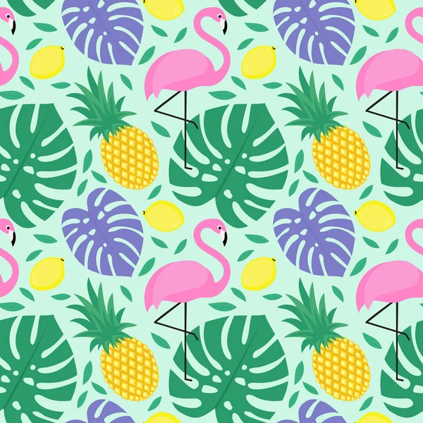 Liście bezszwowe tło dekoracyjne z flamingo, ananas, cytryny i palm. — Wektor stockowy