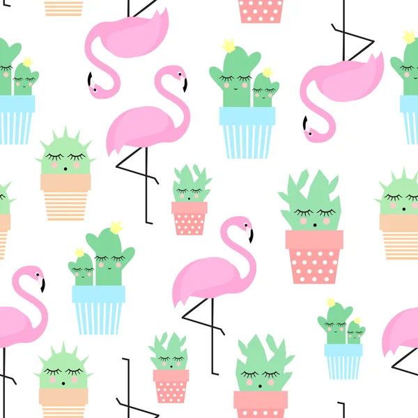 Flamingo with cacti in cute pots seamless pattern. — Stock Vector