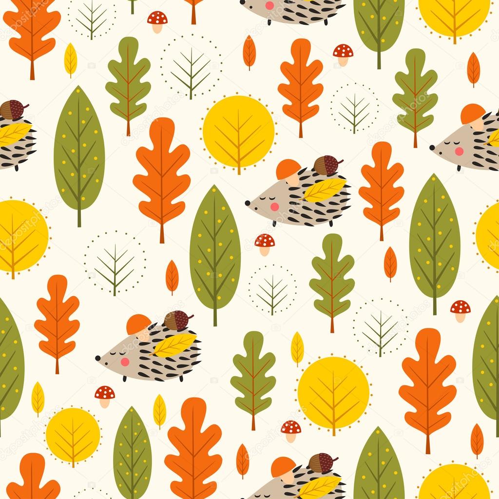 Hedgehog and decorative leaves seamless pattern.