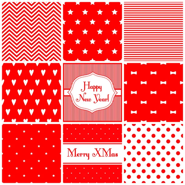 Conjunto de simples patrones de Navidad retro - corazones, estrellas, arcos, rayas, corazones, puntos, zigzag . — Archivo Imágenes Vectoriales