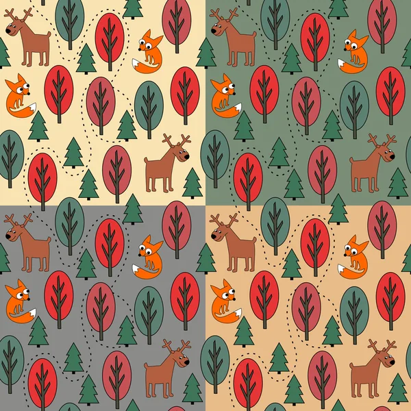 森林動物とヴィンテージのシームレスなパターン: キツネ、シカ. — ストックベクタ