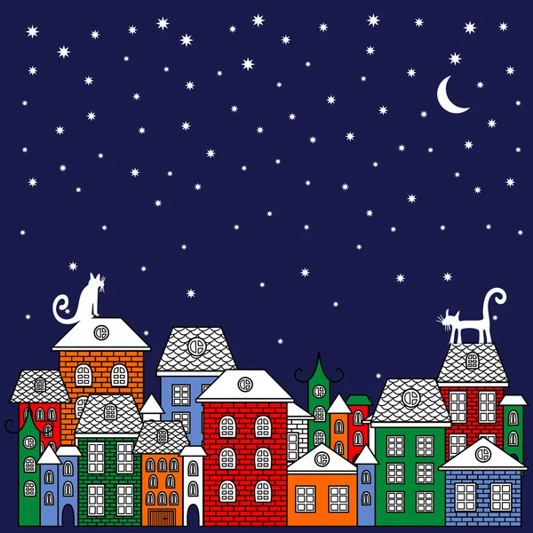 Cartel de ilustración vectorial con gatos, casas, estrellas, luna . — Vector de stock